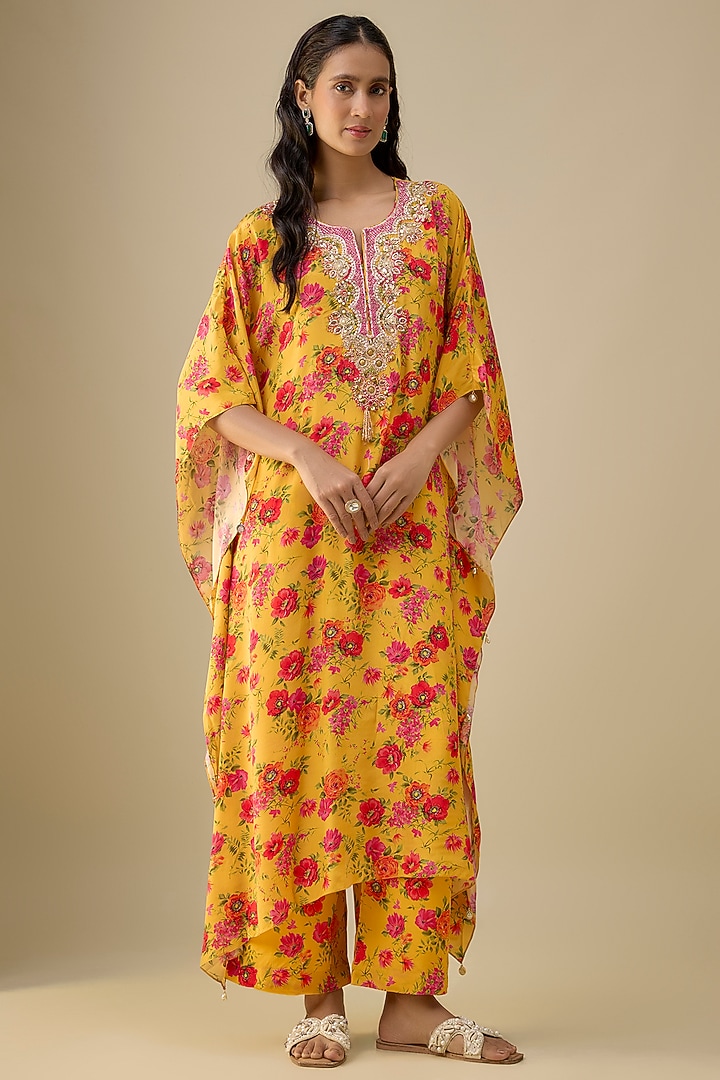 Yellow Crepe Kaftan Set by Aneesh Agarwaal PRET at Pernia's Pop Up Shop