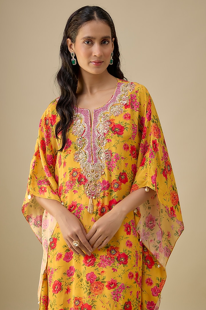 Yellow Crepe Kaftan Set by Aneesh Agarwaal PRET at Pernia's Pop Up Shop