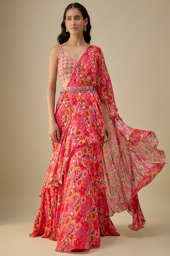 Pink Chinon Chiffon Wedding Saree Set by Aneesh Agarwaal PRET at Pernia's Pop Up Shop