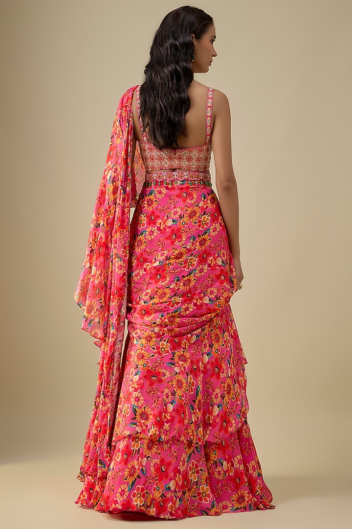 Pink Chinon Chiffon Wedding Saree Set by Aneesh Agarwaal PRET at Pernia's Pop Up Shop