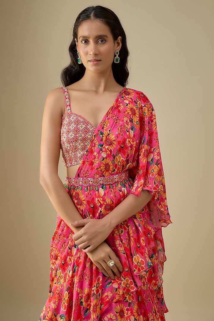Pink Chinon Chiffon Wedding Saree Set by Aneesh Agarwaal PRET at Pernia's Pop Up Shop