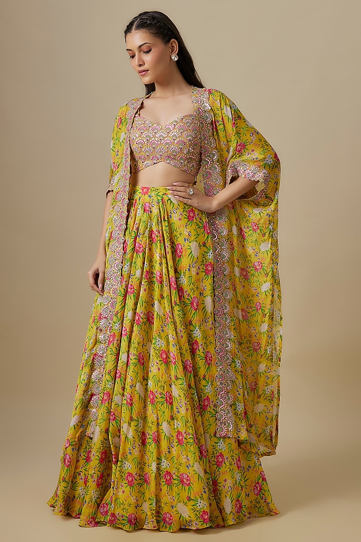 Lemon Yellow Chinon Chiffon Wedding Lehenga Set by Aneesh Agarwaal PRET at Pernia's Pop Up Shop
