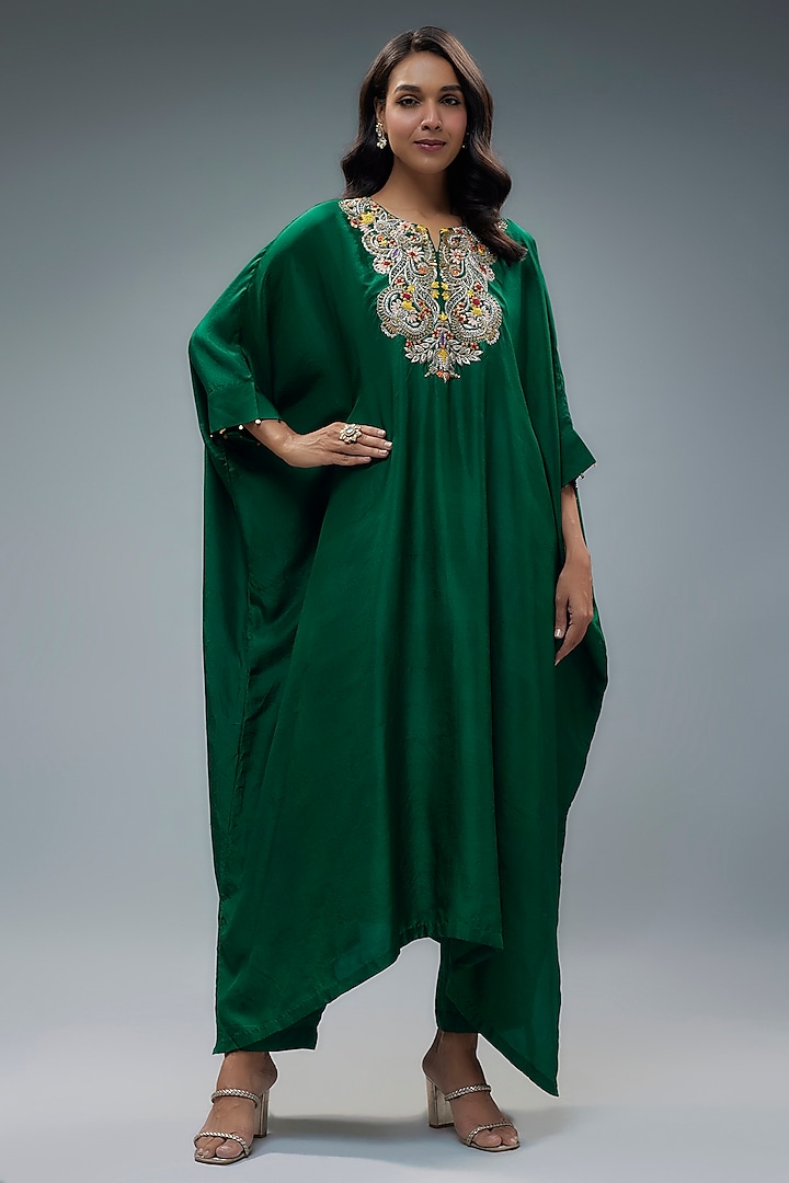 Green Silk Kaftan Set by Aneesh Agarwaal PRET at Pernia's Pop Up Shop