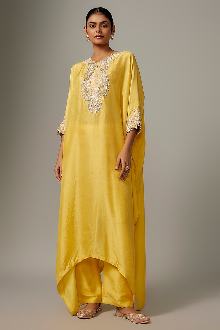 Yellow Silk Kaftan Set by Aneesh Agarwaal PRET at Pernia's Pop Up Shop