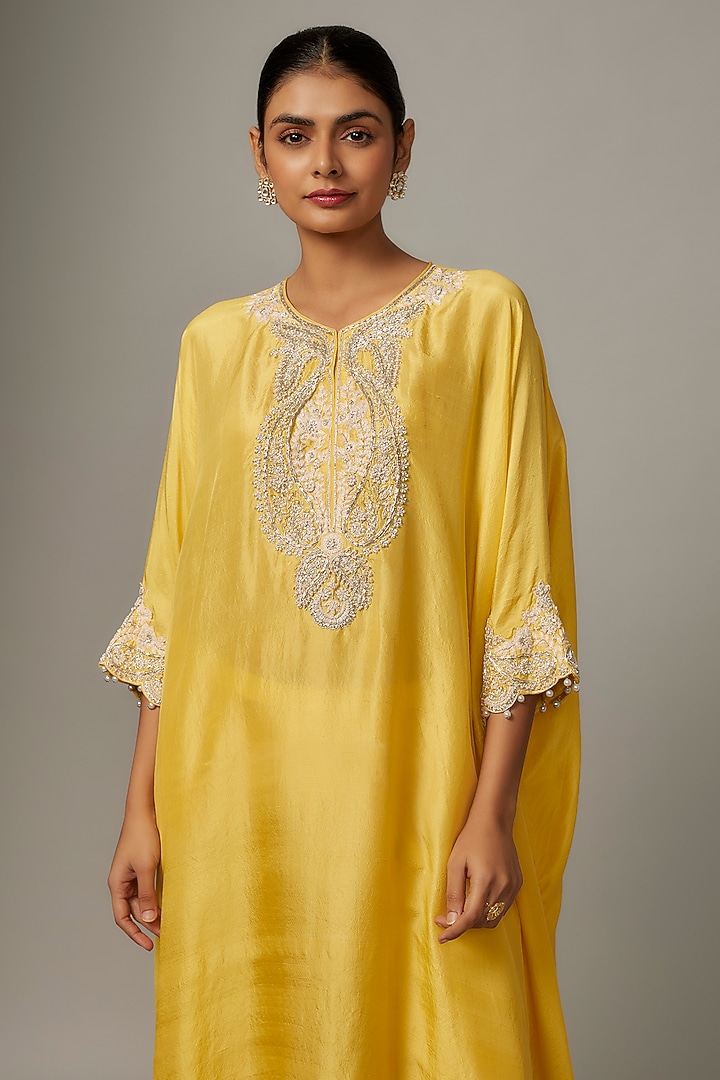 Yellow Silk Kaftan Set by Aneesh Agarwaal PRET at Pernia's Pop Up Shop