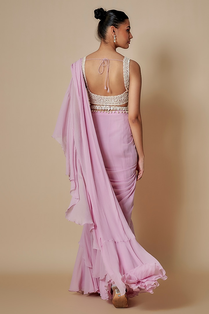 Lilac Organza Frilled Wedding Saree Set by Aneesh Agarwaal PRET at Pernia's Pop Up Shop