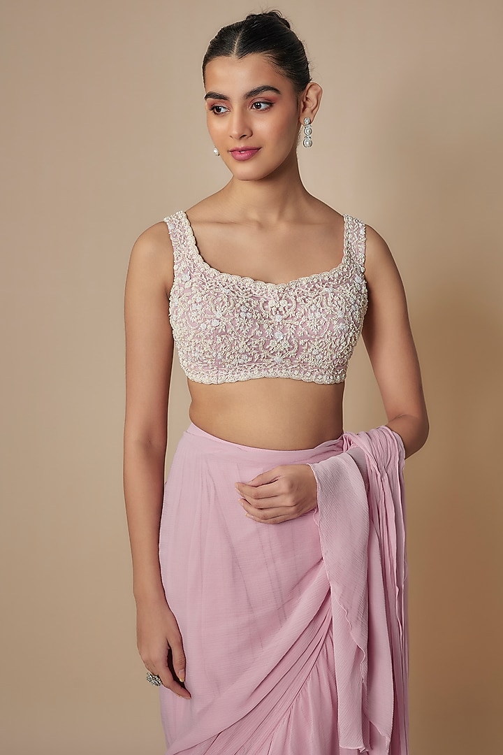 Lilac Organza Frilled Wedding Saree Set by Aneesh Agarwaal PRET at Pernia's Pop Up Shop