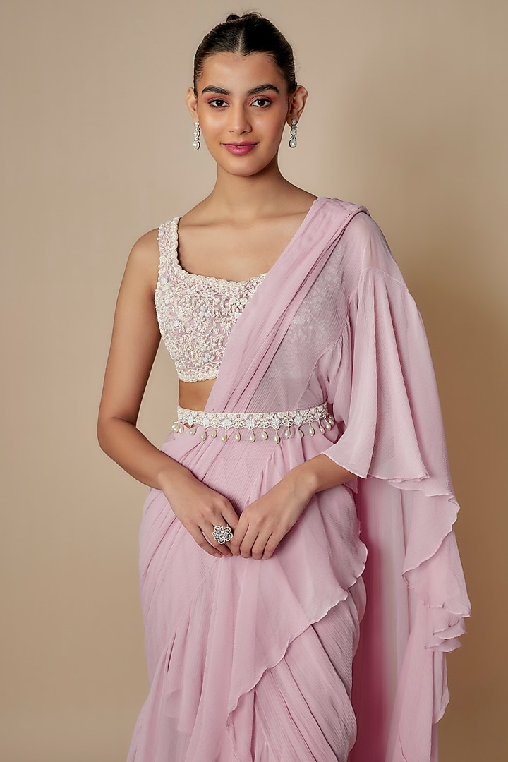 Lilac Organza Frilled Wedding Saree Set by Aneesh Agarwaal PRET at Pernia's Pop Up Shop