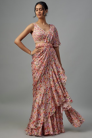 Peach Chiffon Pre-Stitched Saree Set by Aneesh Agarwaal PRET