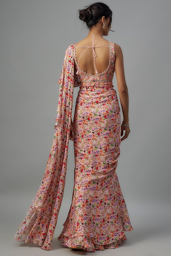 Peach Chiffon Pre-Stitched Wedding Saree Set by Aneesh Agarwaal PRET at Pernia's Pop Up Shop
