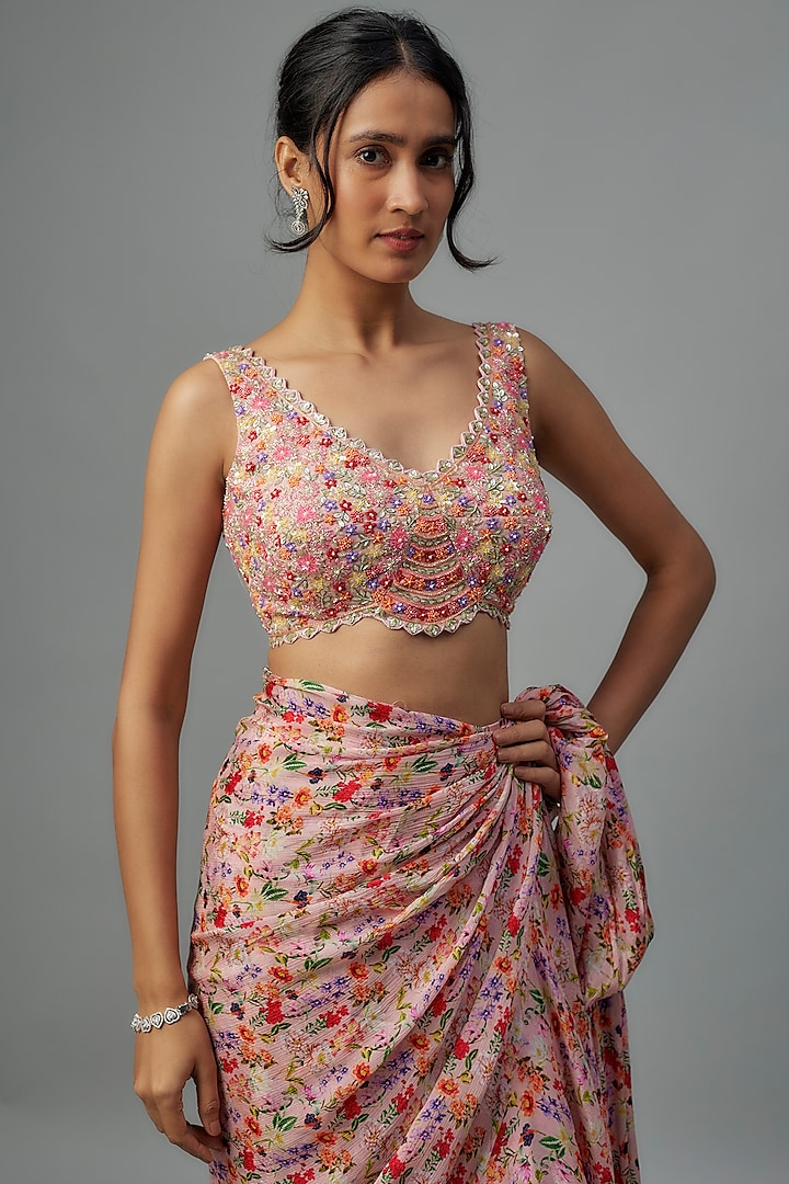 Peach Chiffon Pre-Stitched Wedding Saree Set by Aneesh Agarwaal PRET at Pernia's Pop Up Shop
