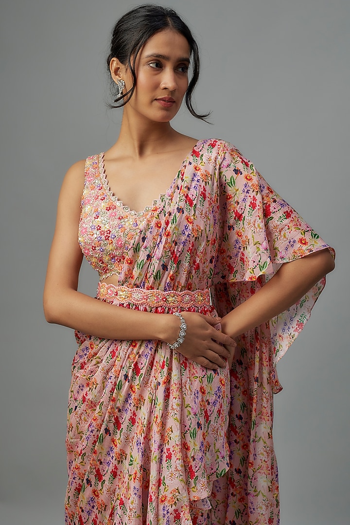 Peach Chiffon Pre-Stitched Wedding Saree Set by Aneesh Agarwaal PRET at Pernia's Pop Up Shop
