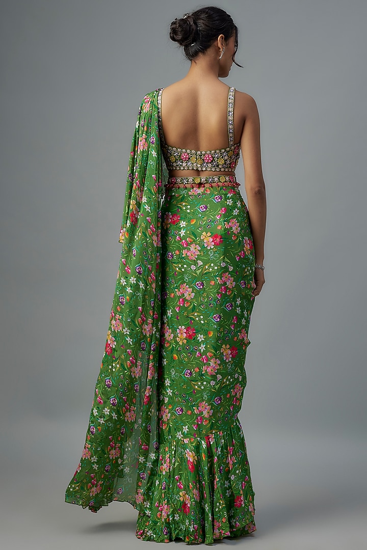 Green Chiffon Pre-Stitched Wedding Saree Set by Aneesh Agarwaal PRET at Pernia's Pop Up Shop