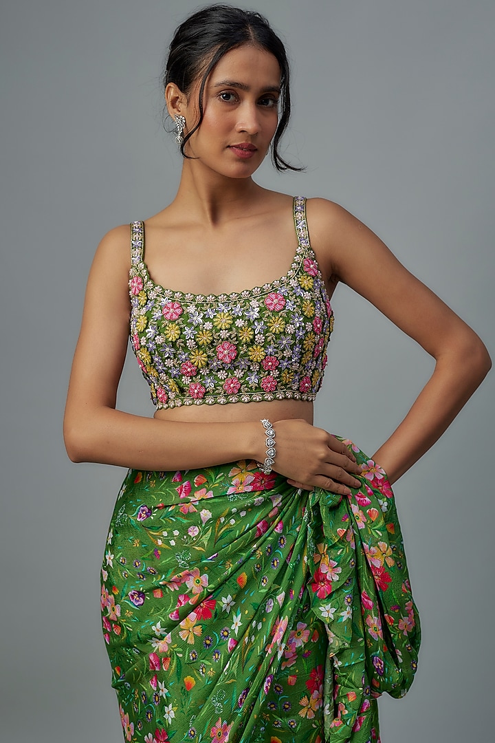 Green Chiffon Pre-Stitched Wedding Saree Set by Aneesh Agarwaal PRET at Pernia's Pop Up Shop