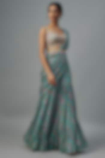 Aqua Blue Chiffon Pre-Stitched Saree Set by Aneesh Agarwaal PRET at Pernia's Pop Up Shop