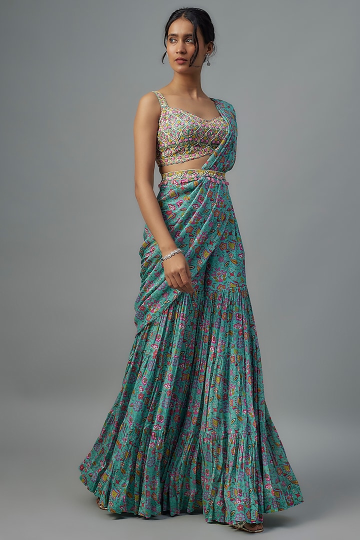 Aqua Blue Chiffon Pre-Stitched Saree Set by Aneesh Agarwaal PRET at Pernia's Pop Up Shop