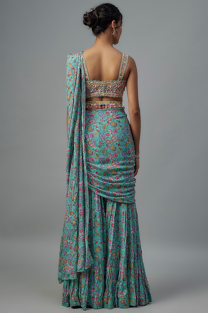 Aqua Blue Chiffon Pre-Stitched Wedding Saree Set by Aneesh Agarwaal PRET at Pernia's Pop Up Shop