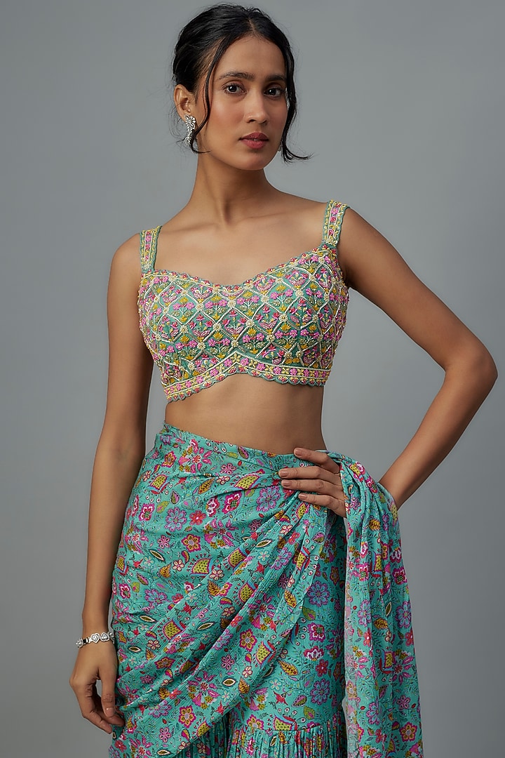 Aqua Blue Chiffon Pre-Stitched Wedding Saree Set by Aneesh Agarwaal PRET at Pernia's Pop Up Shop