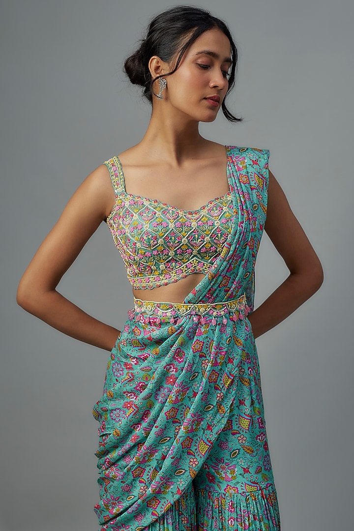 Aqua Blue Chiffon Pre-Stitched Wedding Saree Set by Aneesh Agarwaal PRET at Pernia's Pop Up Shop