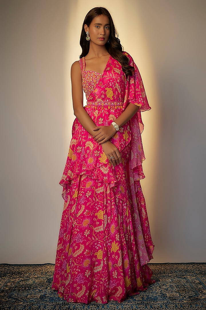 Fuchsia Chinon Silk Saree Set by Aneesh Agarwaal PRET at Pernia's Pop Up Shop