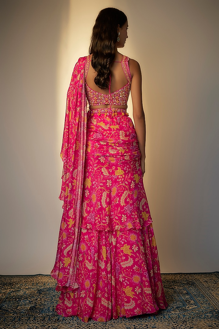 Fuchsia Chinon Silk Wedding Saree Set by Aneesh Agarwaal PRET at Pernia's Pop Up Shop