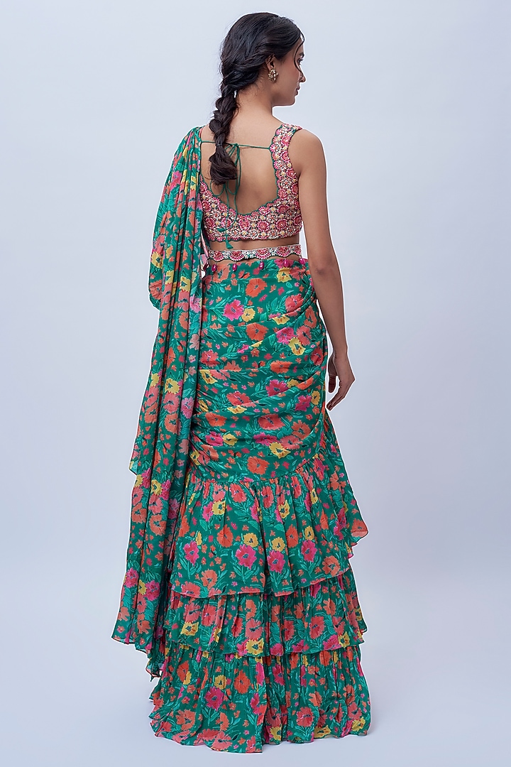 Emerald Green Chiffon Wedding Saree Set by Aneesh Agarwaal PRET at Pernia's Pop Up Shop