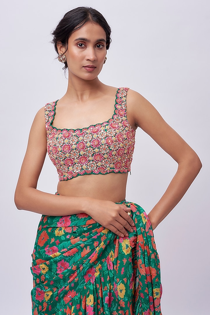 Emerald Green Chiffon Wedding Saree Set by Aneesh Agarwaal PRET at Pernia's Pop Up Shop