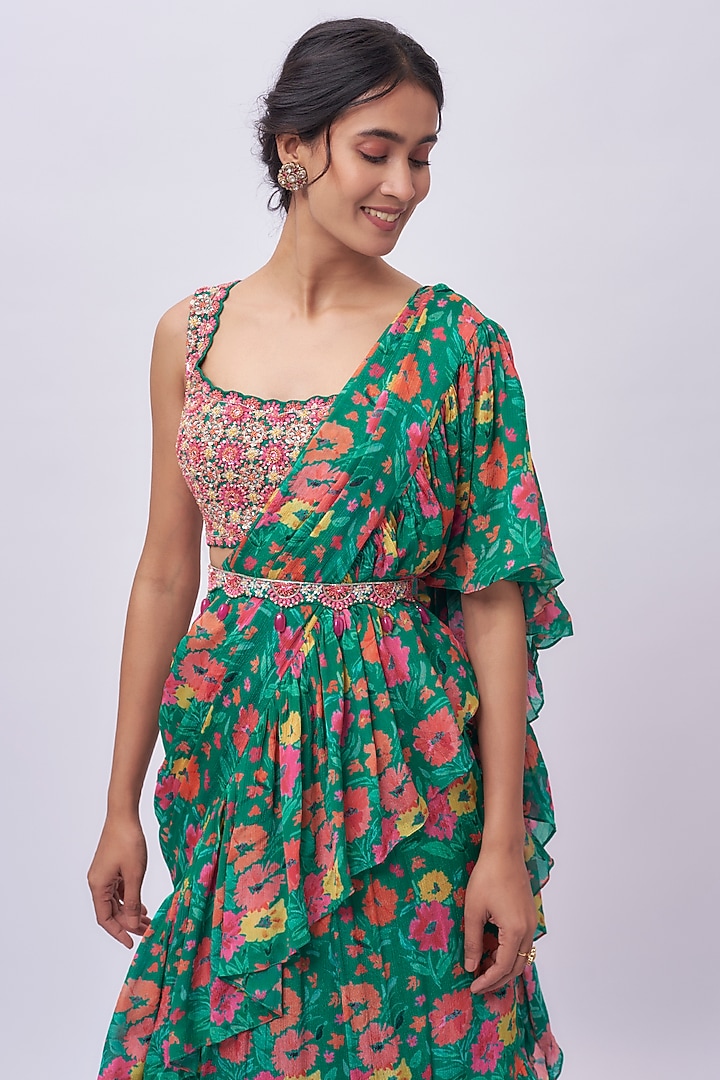Emerald Green Chiffon Wedding Saree Set by Aneesh Agarwaal PRET at Pernia's Pop Up Shop