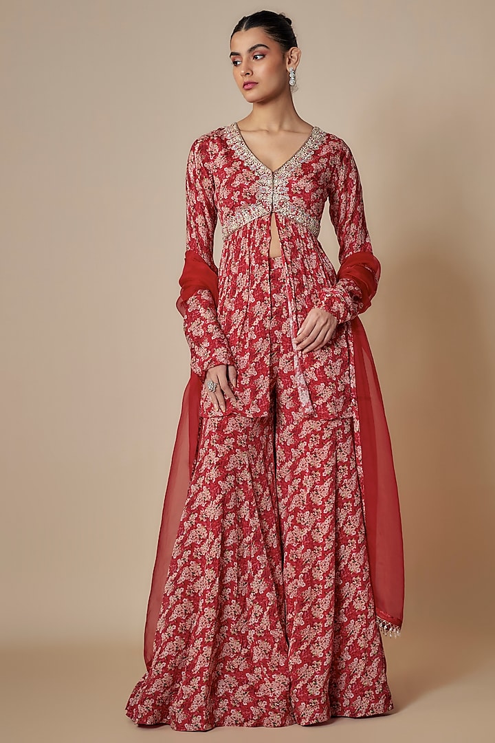 Red Chinon Printed Sharara Set by Aneesh Agarwaal PRET at Pernia's Pop Up Shop