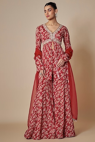 Red Chinon Printed Sharara Set by Aneesh Agarwaal PRET