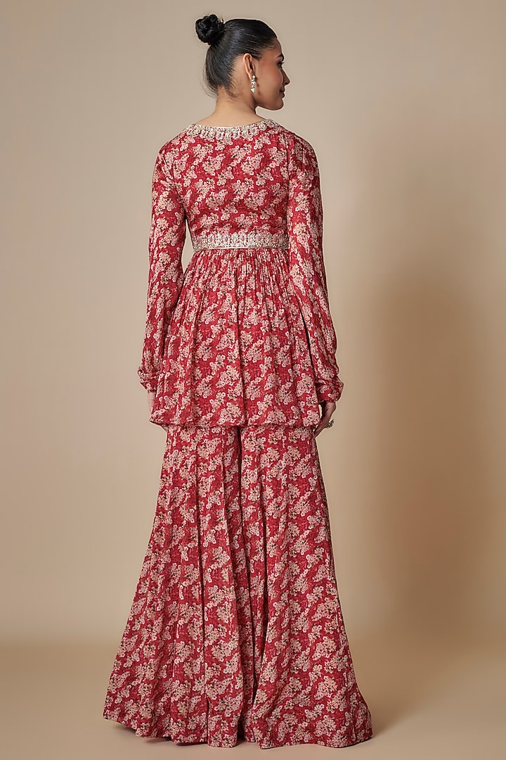 Red Chinon Printed Wedding Sharara Set by Aneesh Agarwaal PRET at Pernia's Pop Up Shop