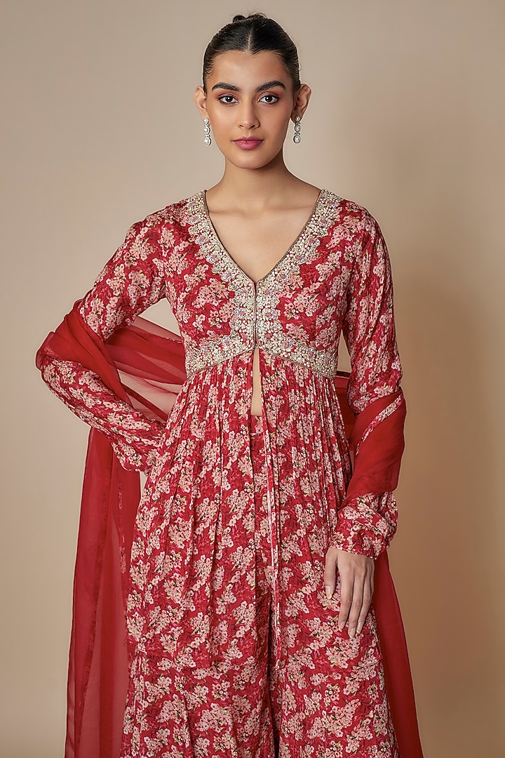 Red Chinon Printed Wedding Sharara Set by Aneesh Agarwaal PRET at Pernia's Pop Up Shop