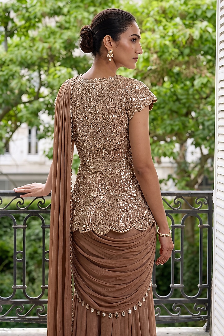 Gold Moonga Satin Chiffon Mirror Embroidered Sharara Wedding Saree Set by Aneesh Agarwaal PRET at Pernia's Pop Up Shop
