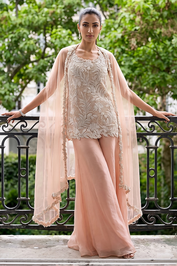 Peach Silk Organza Pearl Embroidered Kurta Set by Aneesh Agarwaal PRET at Pernia's Pop Up Shop