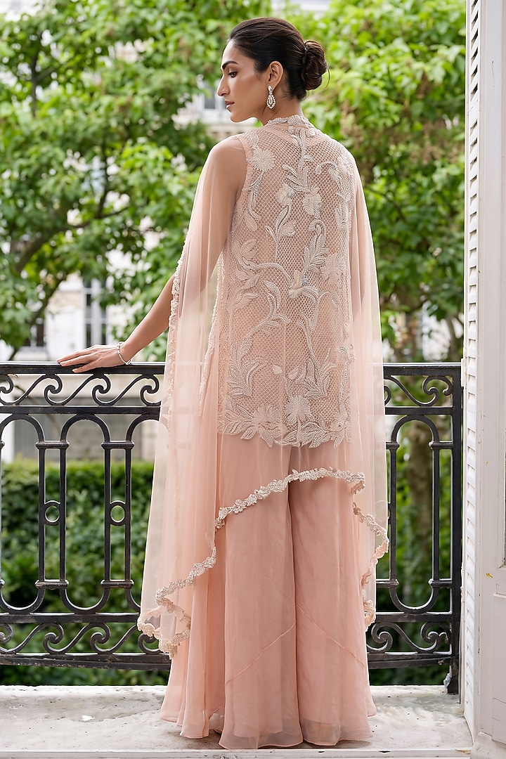 Peach Silk Organza Pearl Embroidered Kurta Set by Aneesh Agarwaal PRET at Pernia's Pop Up Shop