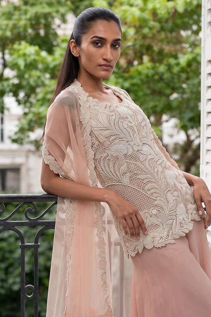 Peach Silk Organza Pearl Embroidered Kurta Set by Aneesh Agarwaal PRET at Pernia's Pop Up Shop