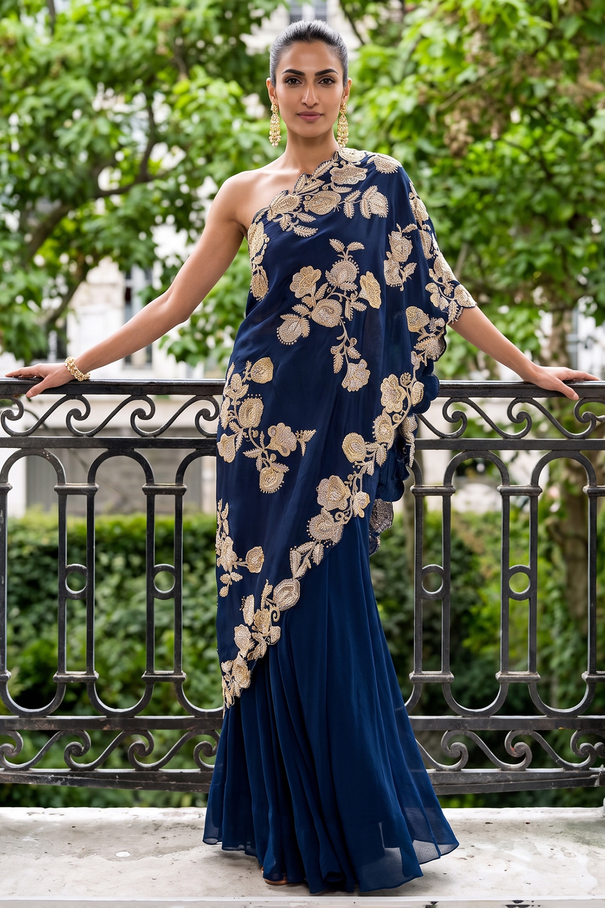Aneesh Agarwaal PRET Navy Blue Silk Organza Sequin Embroidered One-Shoulder Cape Set