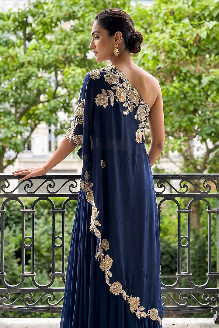 Navy Blue Silk Organza Sequin Embroidered One-Shoulder Cape Set by Aneesh Agarwaal PRET at Pernia's Pop Up Shop