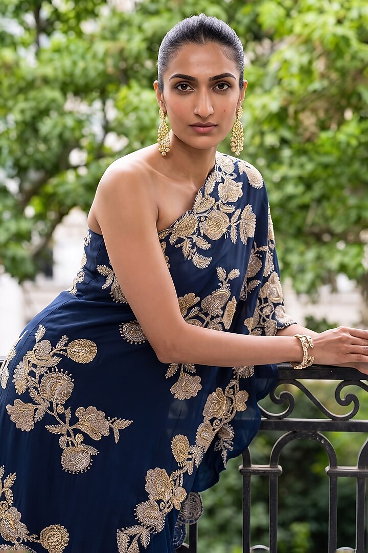Navy Blue Silk Organza Sequin Embroidered One-Shoulder Cape Set by Aneesh Agarwaal PRET at Pernia's Pop Up Shop