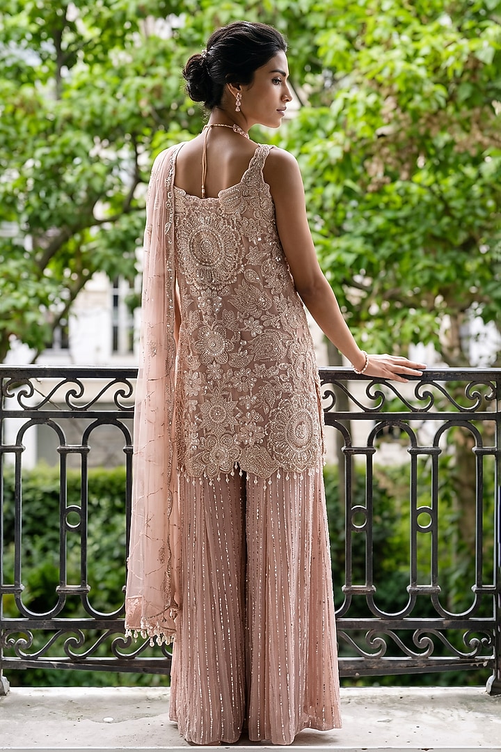 Peach Silk Organza Floral Hand Embroidered Kurta Set by Aneesh Agarwaal PRET at Pernia's Pop Up Shop