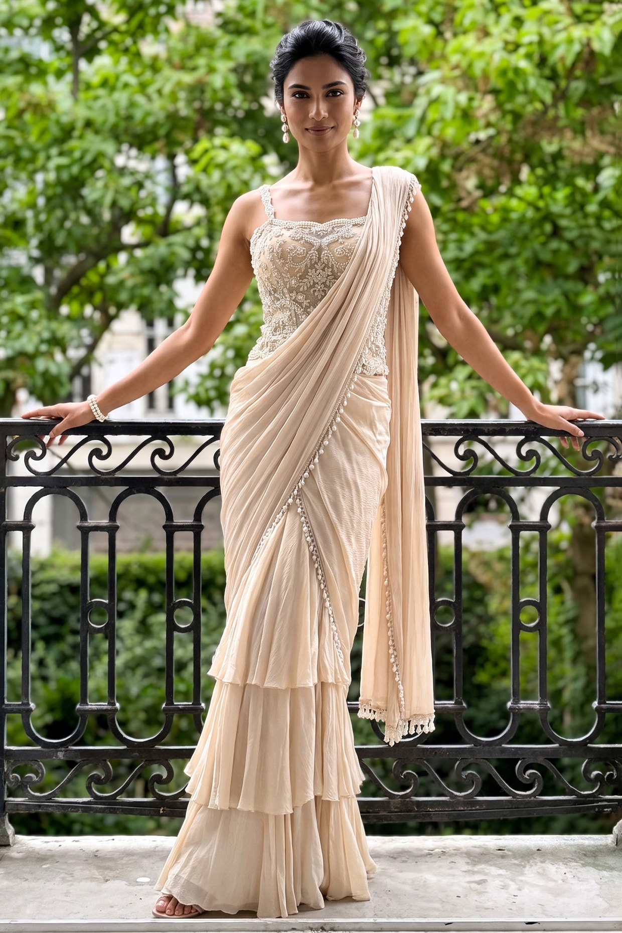 Aneesh Agarwaal PRET Ivory Moonga Satin Chiffon Pre-Stitched Saree Set