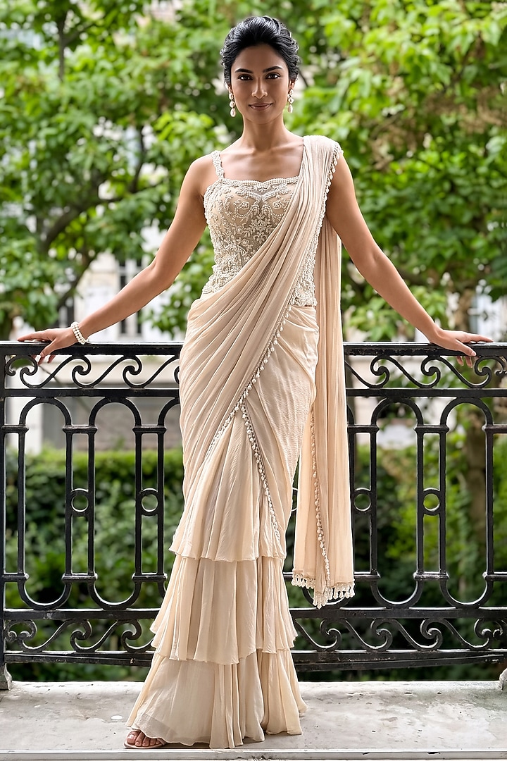 Ivory Moonga Satin Chiffon Pre-Stitched Wedding Saree Set by Aneesh Agarwaal PRET at Pernia's Pop Up Shop
