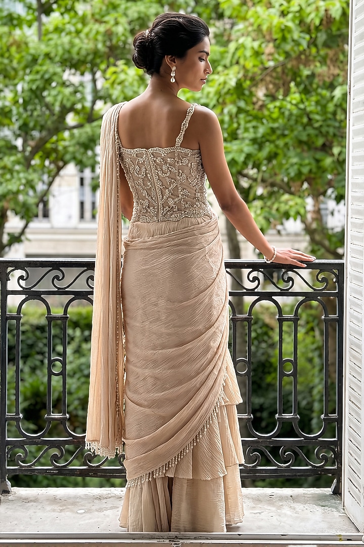 Ivory Moonga Satin Chiffon Pre-Stitched Wedding Saree Set by Aneesh Agarwaal PRET at Pernia's Pop Up Shop