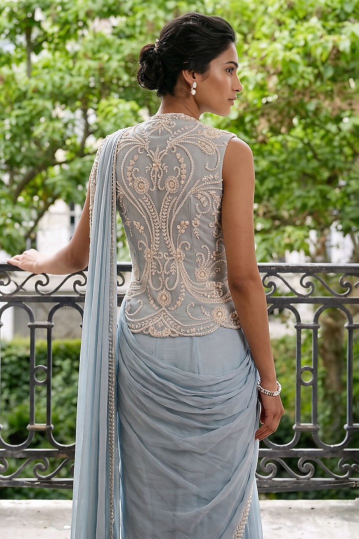 Blue Shimmer Chiffon Sharara Wedding Saree Set by Aneesh Agarwaal PRET at Pernia's Pop Up Shop