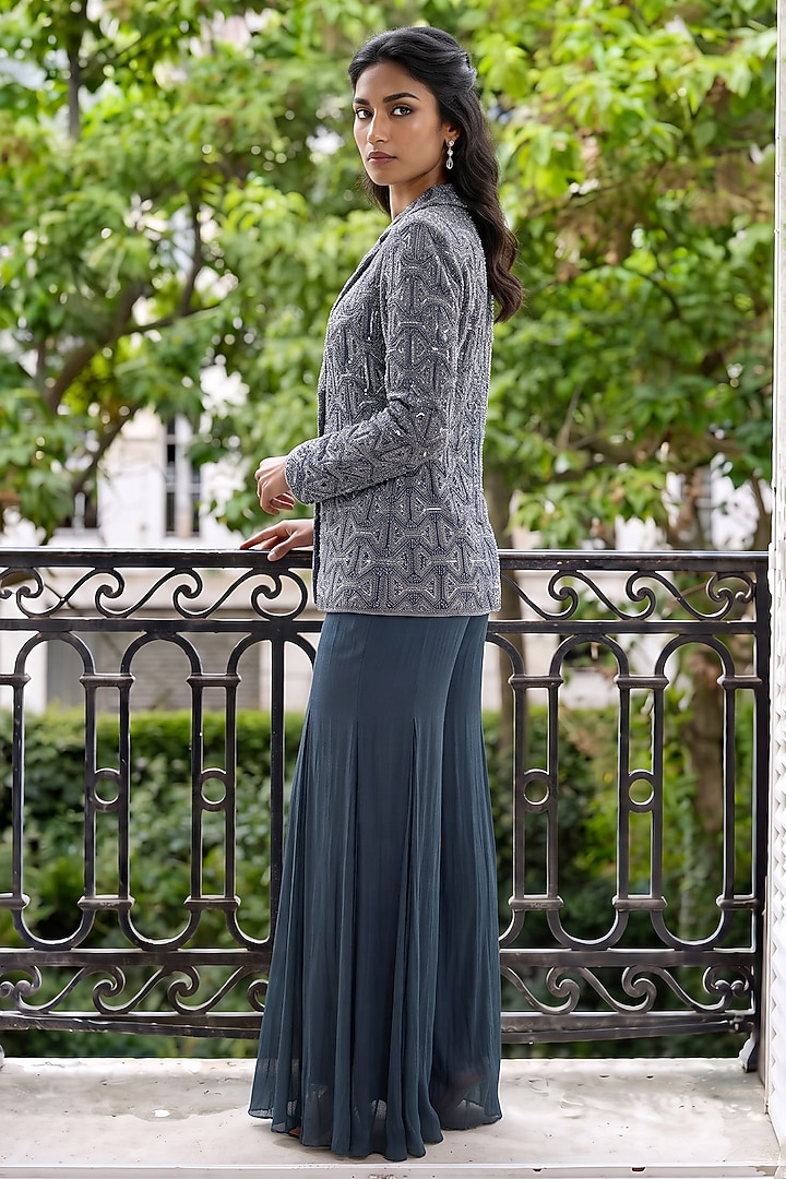 Dark Grey Satin Chiffon Bridal Sharara Set by Aneesh Agarwaal PRET at Pernia's Pop Up Shop