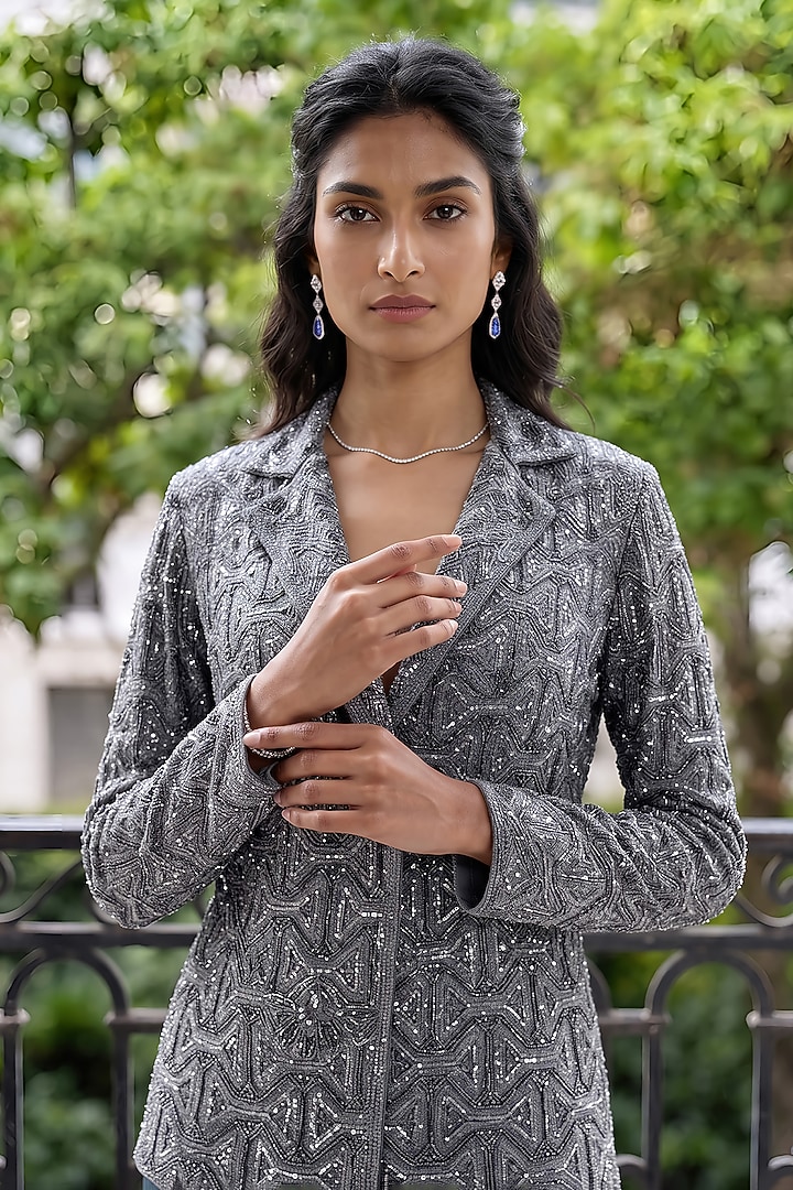 Dark Grey Satin Chiffon Bridal Sharara Set by Aneesh Agarwaal PRET at Pernia's Pop Up Shop