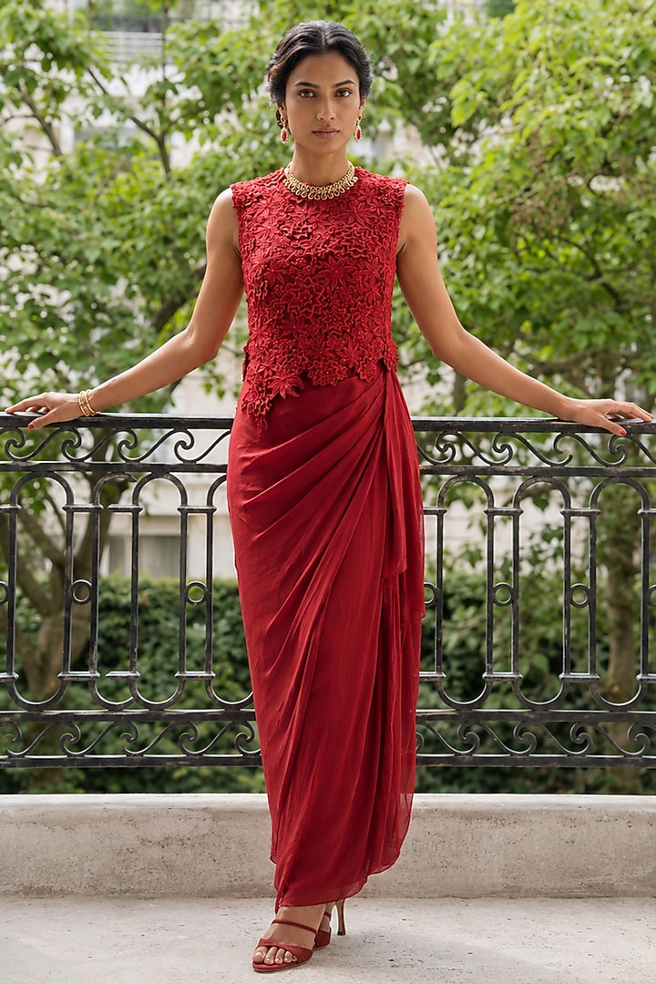 Red Satin Silk Dhoti Set by Aneesh Agarwaal PRET at Pernia's Pop Up Shop