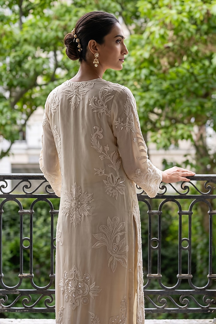 White Silk Organza Sequin Embroidered Kurta Set by Aneesh Agarwaal PRET at Pernia's Pop Up Shop