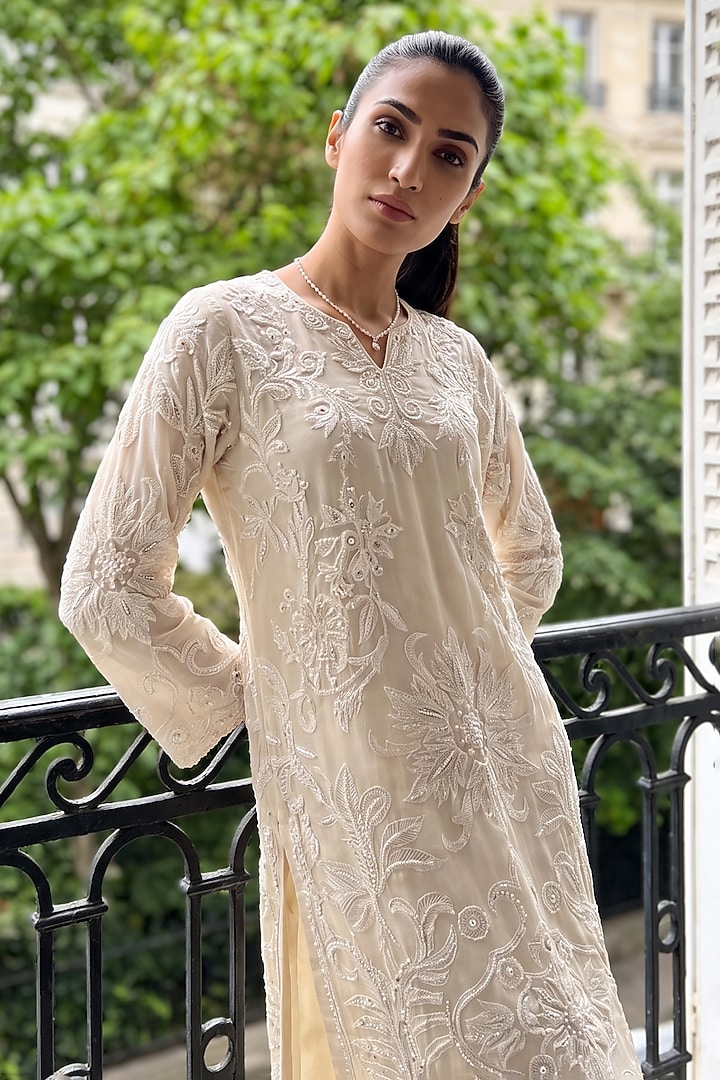 White Silk Organza Sequin Embroidered Kurta Set by Aneesh Agarwaal PRET at Pernia's Pop Up Shop