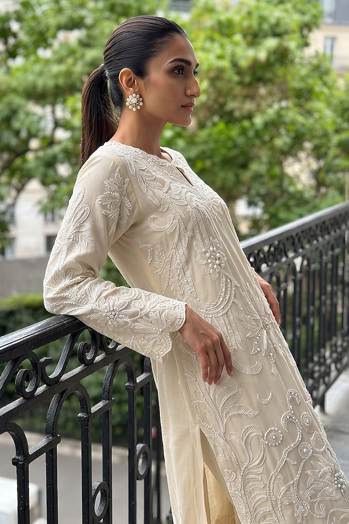 White Silk Organza Sequin Embroidered Kurta Set by Aneesh Agarwaal PRET at Pernia's Pop Up Shop
